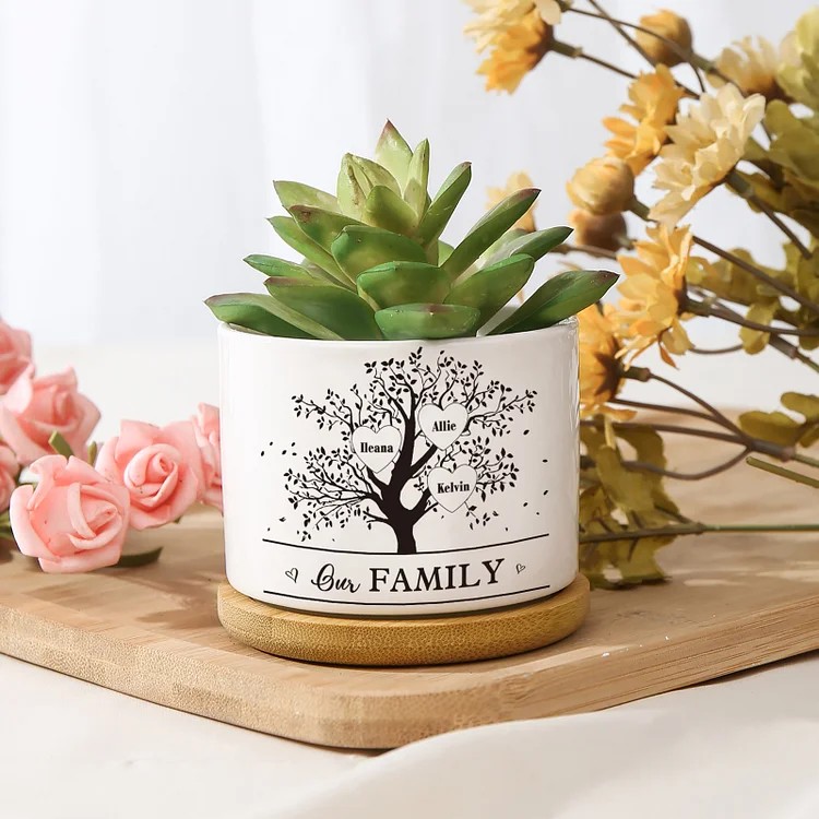 Personalized Ceramic Flowerpot with Wooden Base Custom 3 Names & 1 Text Family Tree Flowerpot Gift for Mother/Grandma