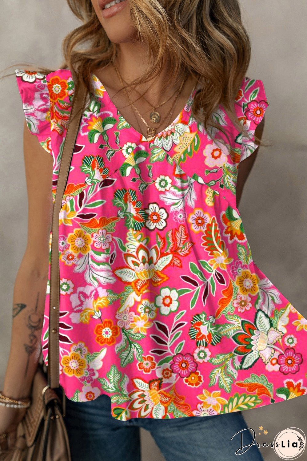 Rose Floral V Neck Ruffle Tank Top