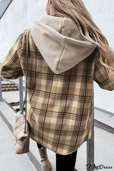 Plaid Button Up Hooded Jacket with Pockets