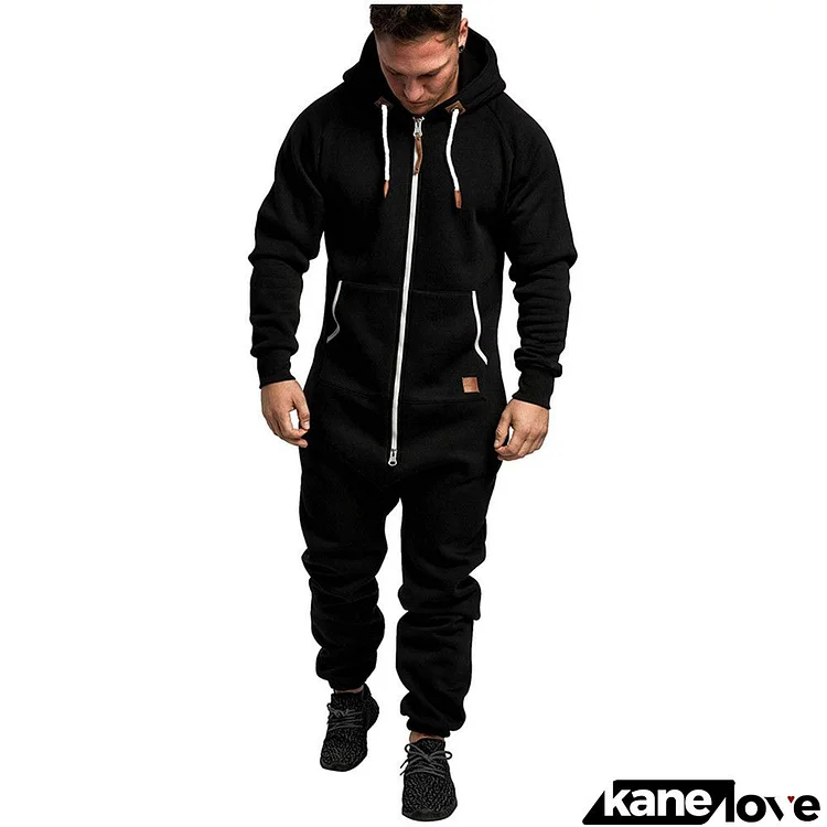 Men Casual Long Sleeve Hat Rope Pocket Design Zipper Fleece-lined Solid Color Hooded Jumpsuits