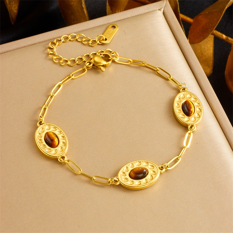 Fashion Retro Gold-Plated Stainless Steel Oval Geometric Inlaid Tiger Eye Accessories Chain Personality Bracelet Female