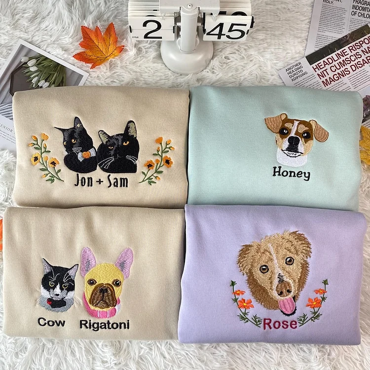 Custom Dog Cat Face Embroidered Sweatshirt Crewneck Hoodie T-shirt, Personalized Pet Face Sweatshirt