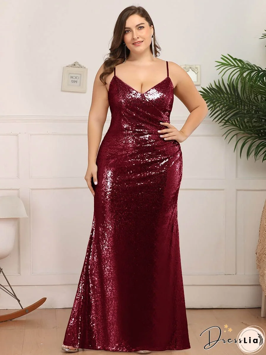 Sexy Spaghetti Straps Fishtail Sequin Wholesale Plus Size Evening Gowns