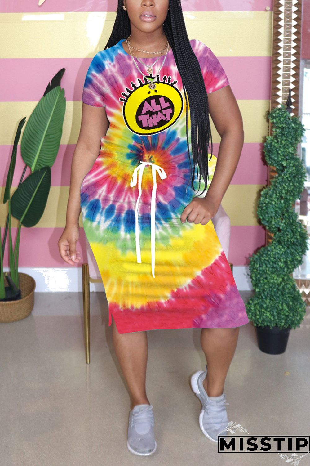 Pink Fashion Casual Printed Short-sleeved Dress