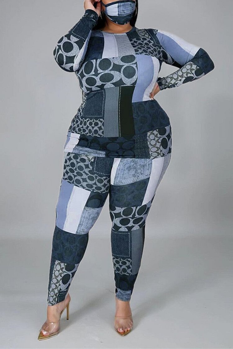Fashion Casual O Neck Long Sleeve Regular Sleeve Print Plus Size Set - BlackFridayBuys