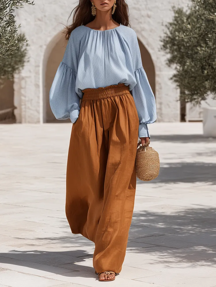 Cycladic Resort Blue Pinstripe Cotton Blouse Elastic High Waist Rust Linen Blend Wide Leg Two-Piece Set
