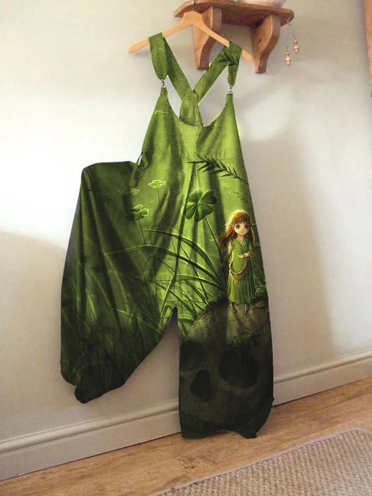 patrick's day four-leaf clover print overalls