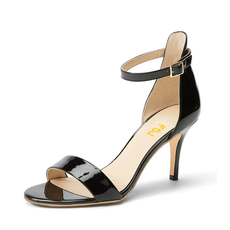 Black Patent Leather Ankle Strap Sandals Stilettos OfficeHeels |FSJ Shoes