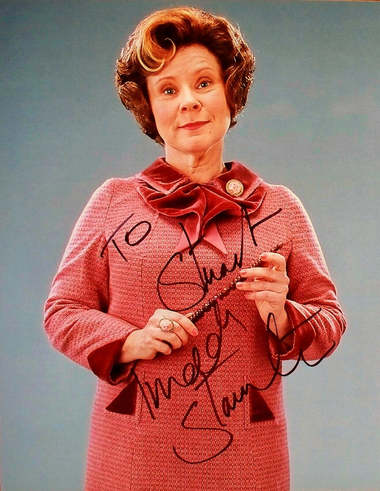 IMELDA STAUNTON: Hand-signed Photo Poster painting as Dolores Umbridge in 'Harry Potter'.