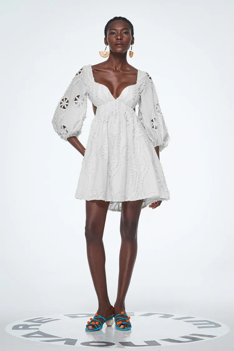 Bahdan Cutout Balloon Sleeve Ruffle Mini Dress In White