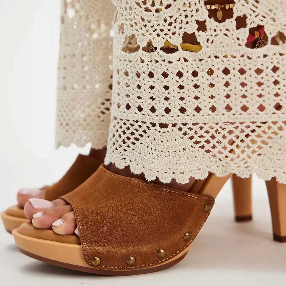 Brown Open Toe Wide Strap Studded Slip On Mule Shoes for Women