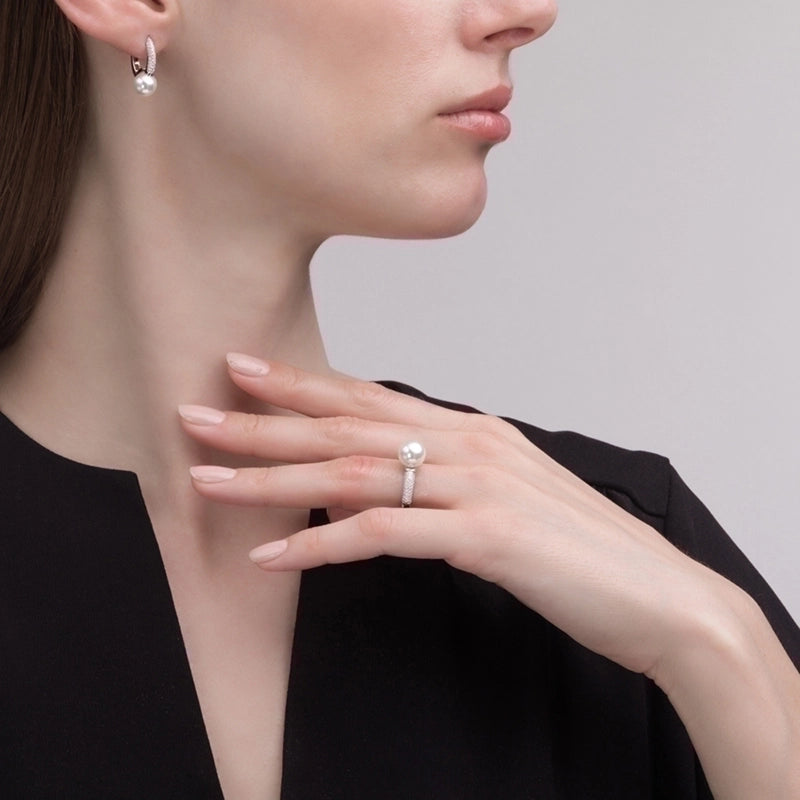 1 Pair White Gold Plated 925 Sterling Silver Beads Zircon Pearl Hoop Earrings