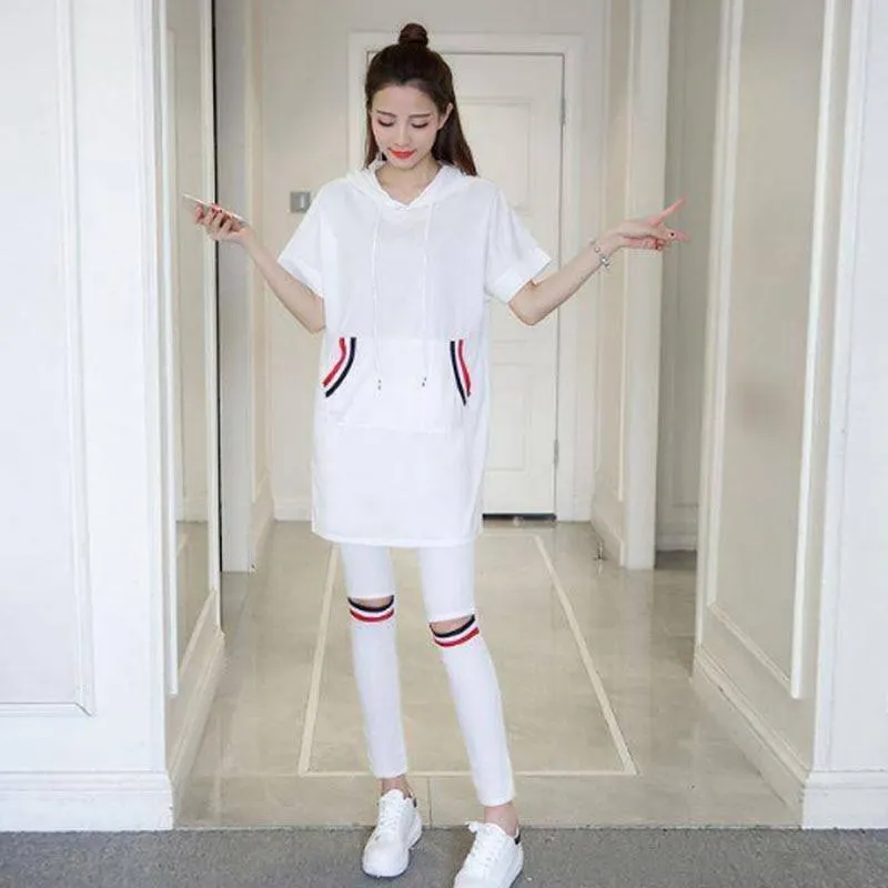 2019 Summer Plus Size Do Exercise Women Sets Black and White Color T Shirt and Pants Female Set