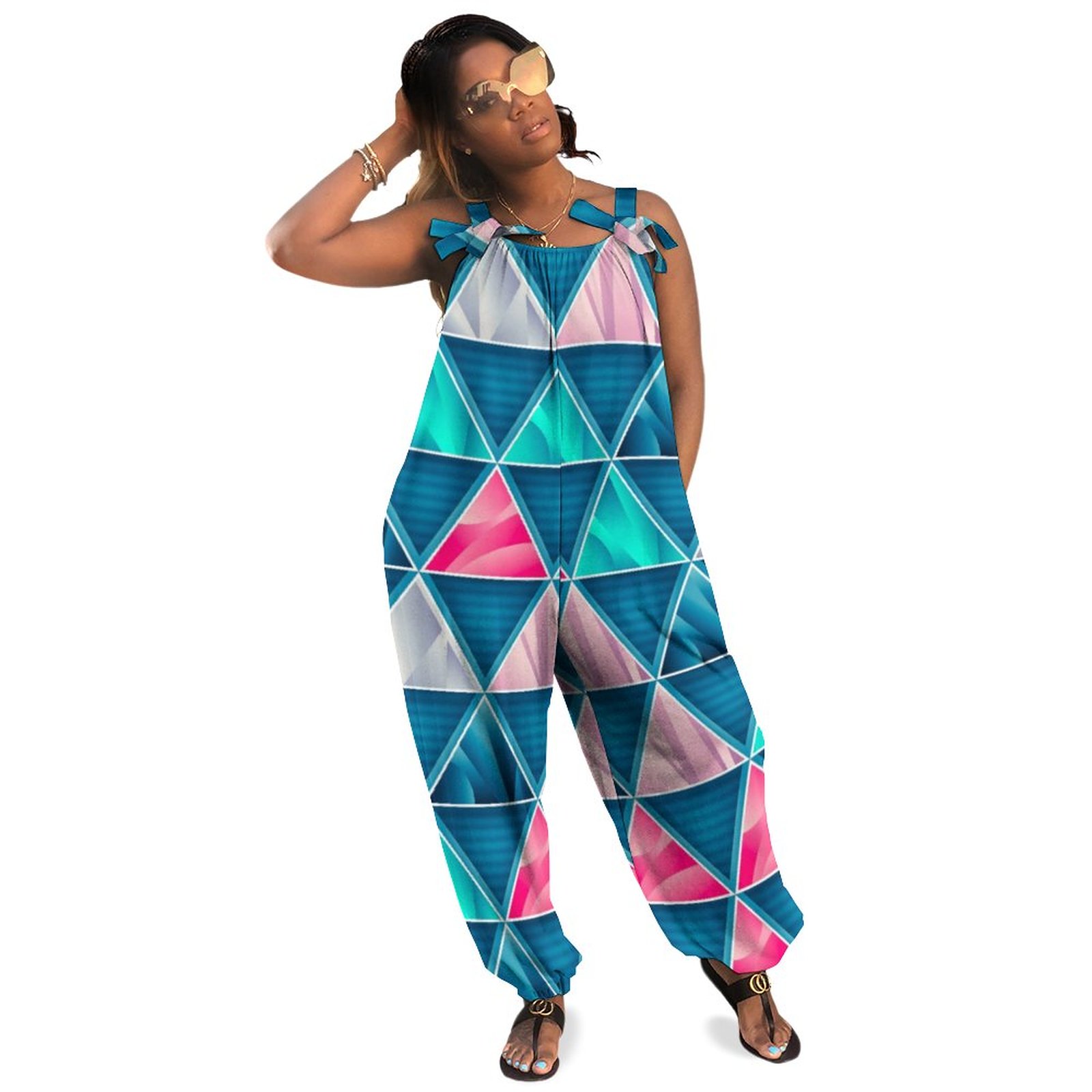 Elegant Geometric Triangles Prism Pattern Plus Size Women Rompers Summer Casual Loose Sleeveless Dungaree Jumpsuit Utility Romper Boho Pockets