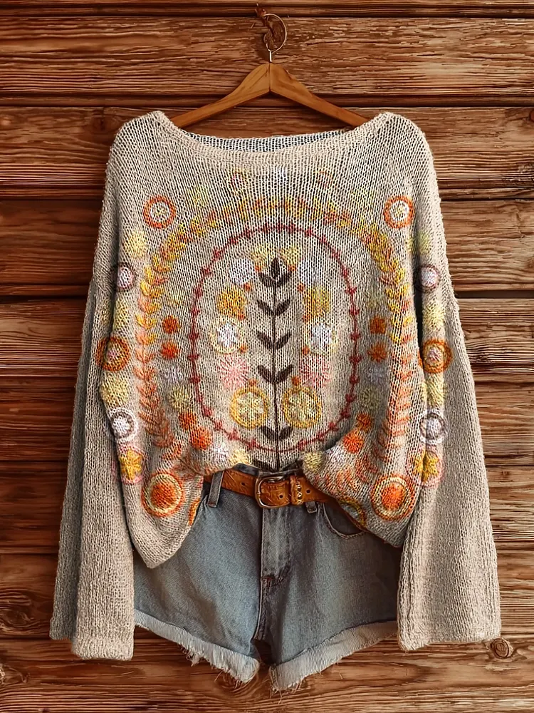 Women's Boho Vintage Floral Art Pattern Print Casual Pullover Sweater