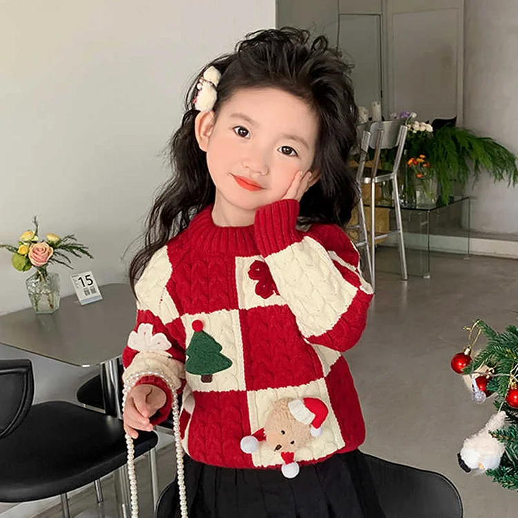 クリスマス 配色 ラウンドネック ファッション 幼児  女の子 長袖 セーター
