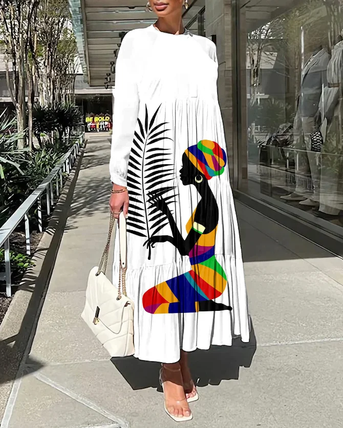 Young Black Woman In Profile Vector Long Sleeve Casual Dress