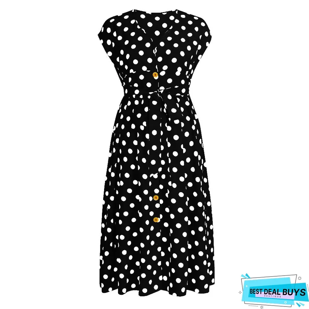 Women's Plus Size Polka Dot Dress Button Tie Waist V-Neck Skirt