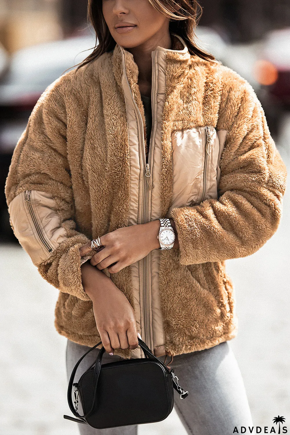 Zip Up Sherpa Coat With Pocket