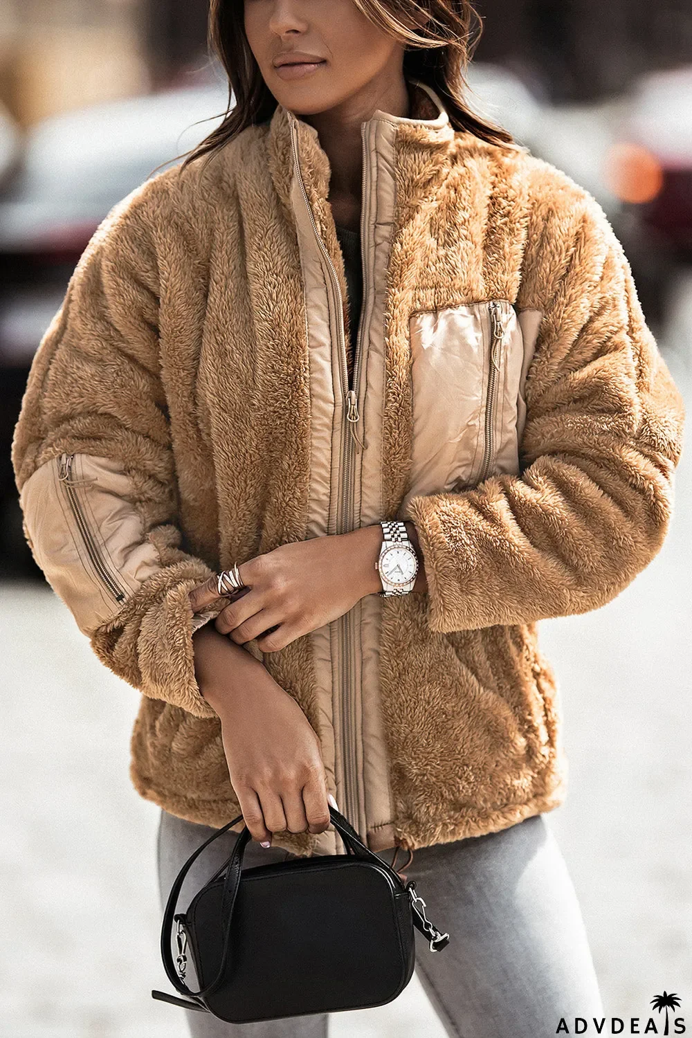 Zip Up Sherpa Coat With Pocket