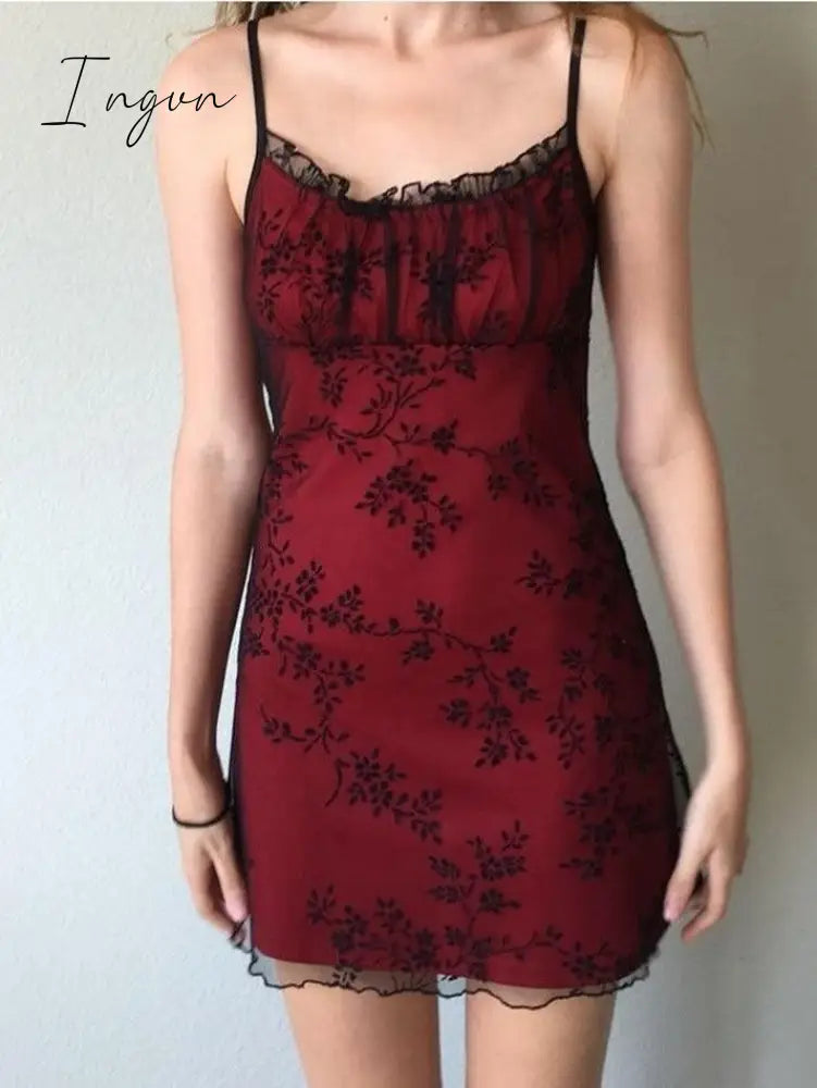 Floral Mesh Paneled Mini Dress Red / S Dresses