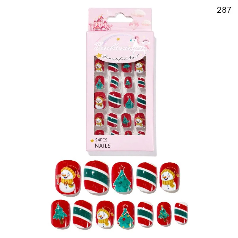 Christmas Child/adult Nails 24 Pieces of Wearable Finished Nails Cute Christmas Pattern Fake Nails Full Cover Nail Tips Xxl