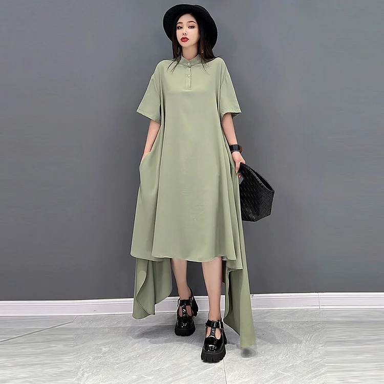 Simple Chiffon Solid Color Half Stand Collar Half Sleeve Irregular Hem Dress     