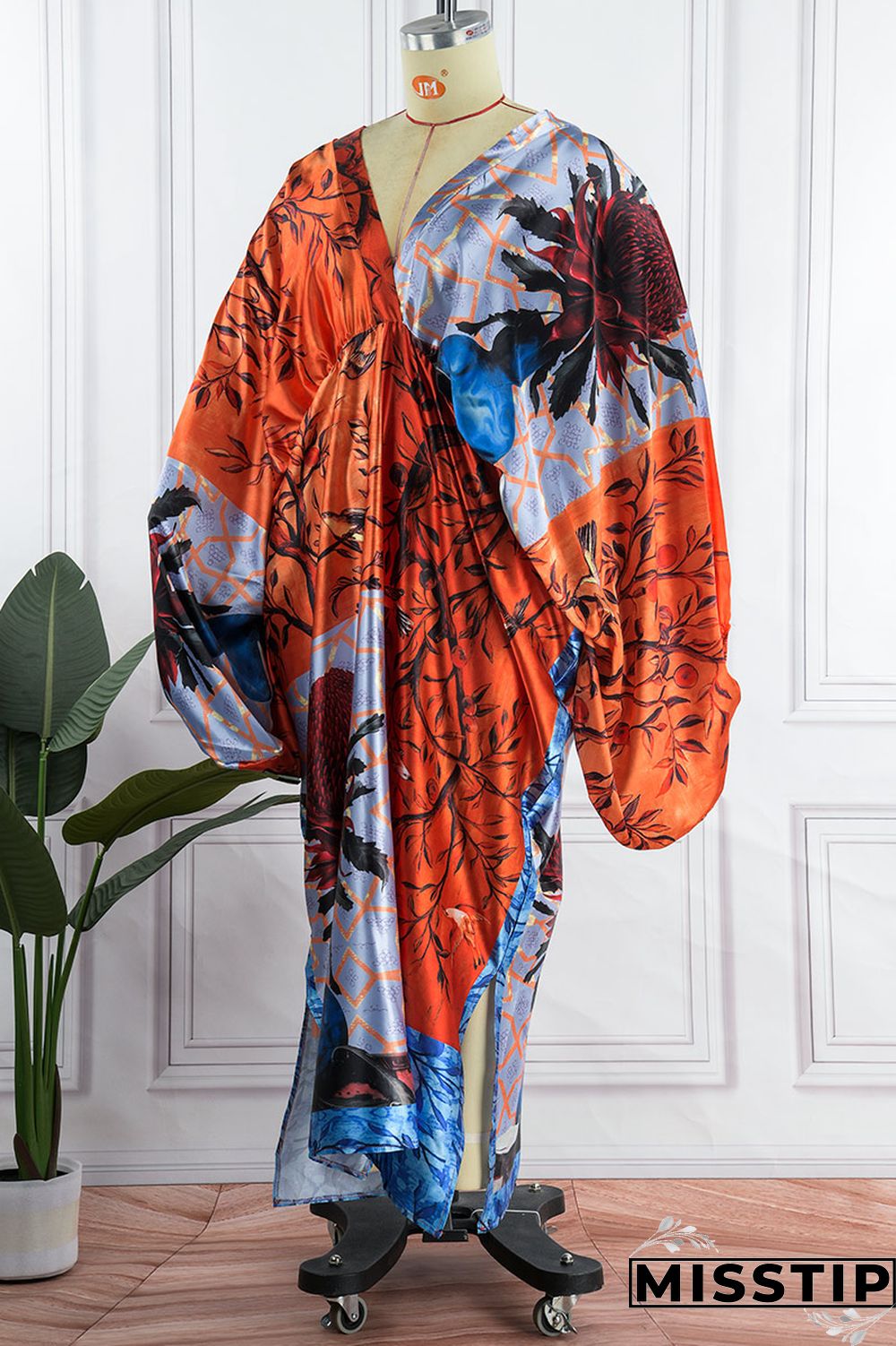 Red Gray Casual Print Patchwork V Neck Irregular Dress Plus Size Dresses