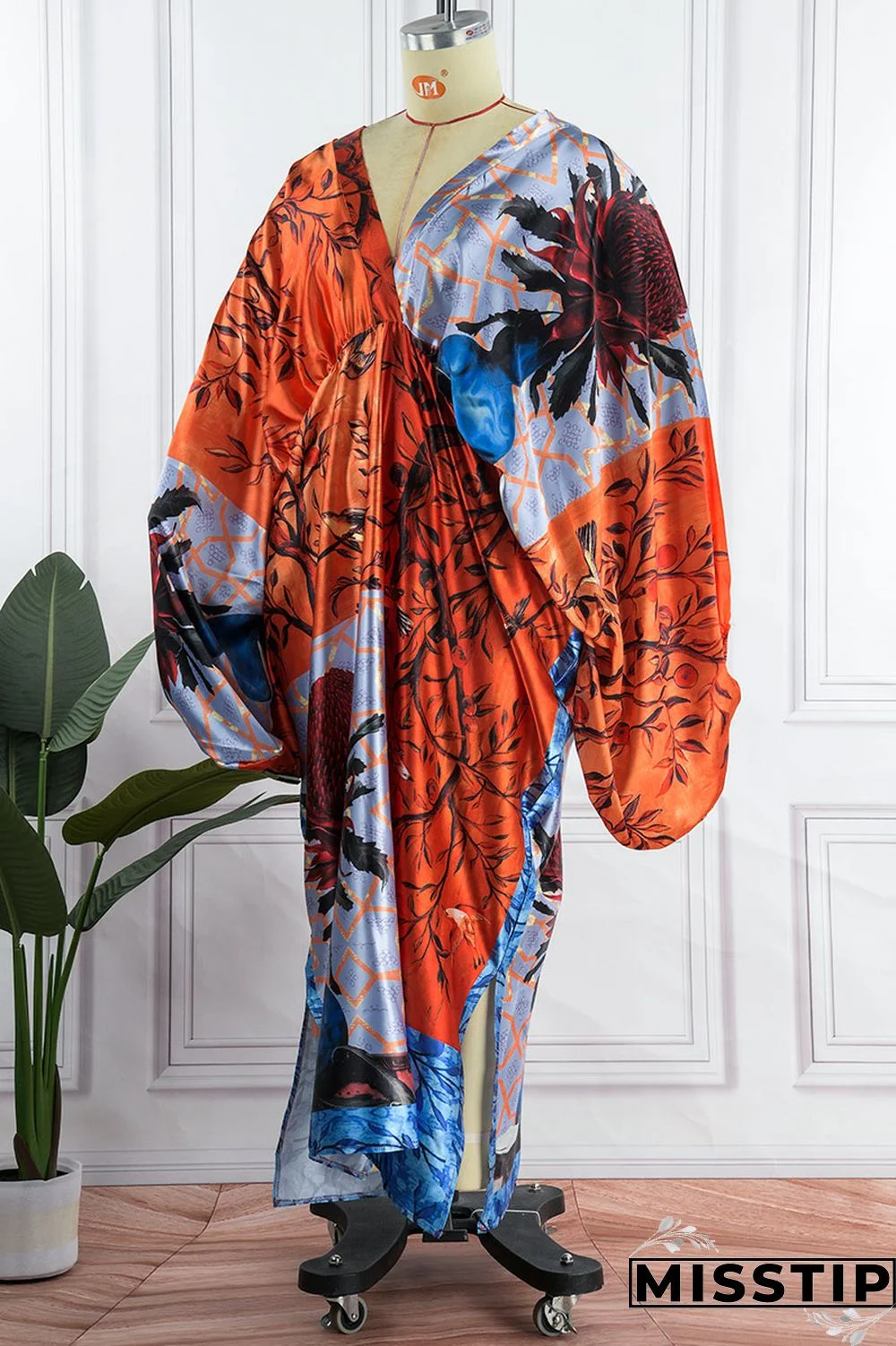 Red Gray Casual Print Patchwork V Neck Irregular Dress Plus Size Dresses