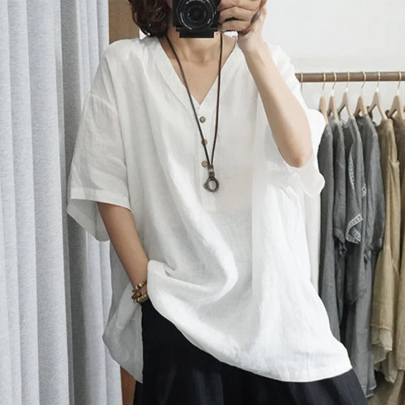 Uveng Uveng Version Of Cotton Shirt V Collar Large-Size Leisure Imitation Cotton Lining Jacket Solid Color Short-Sleeved Top Woman Summer