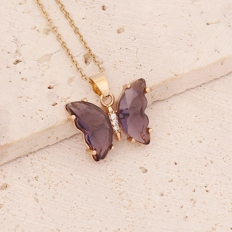 Stainless Steel 18K Gold Plated Fairy Style Inlay Butterfly Crystal Necklace