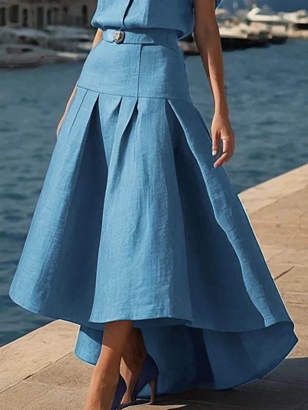 Belted Pleated Solid Color High Waisted High-Low Skirts Bottoms