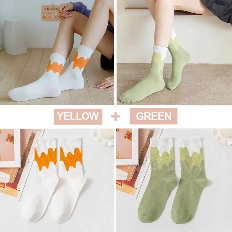 FINETOO 2Pairs/lot Women Midi Tube Socks Female Autumn Winter Candy Colors Korean Japanese Stitching Cotton Girls Graffiti Sock