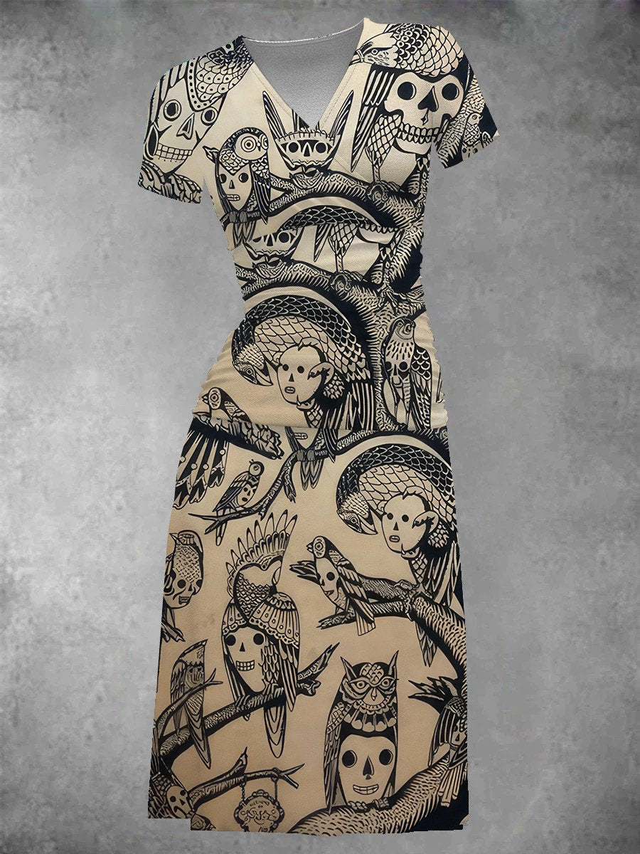 Aubrey Crow Skull Embroidered Twist Front Midi Dress