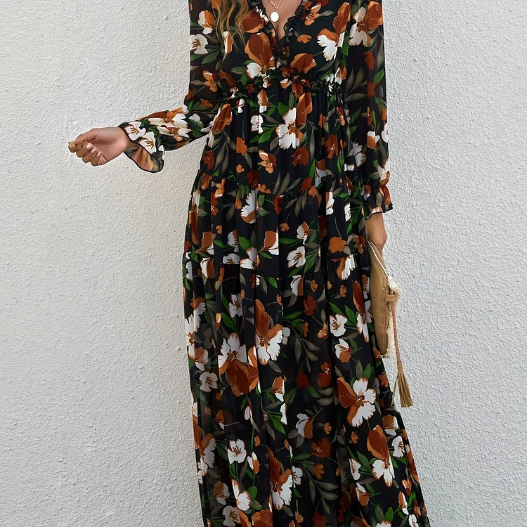 Floral Print Pleated Dress, Vacation V Neck Long Sleeve Maxi Dress, Women's Clothing
