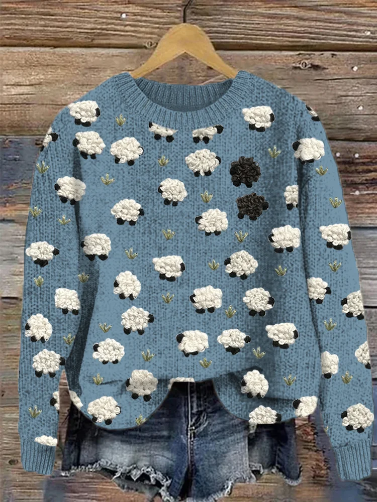 VChics Cute Sheep Embroidery Art Cozy Knit Sweater