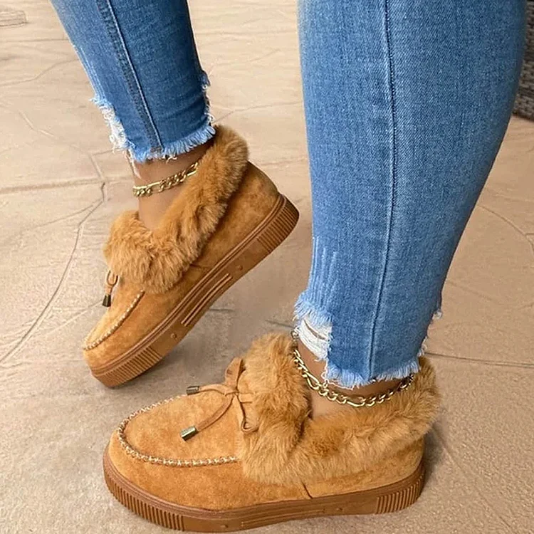 Women's Fur Platform Slip On Boots Comfy Furry Shoes