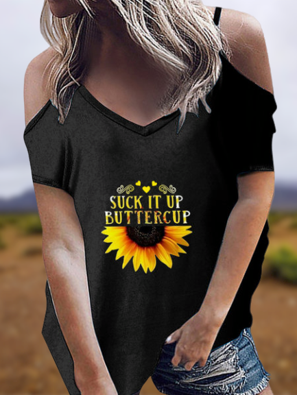Bestdealfriday Cold Shoulder Sunflower Print T-Shirts Tops 8788218