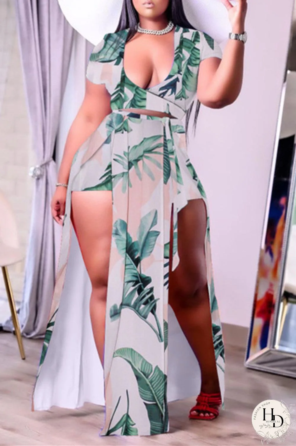 Sexy Casual Print Slit V Neck Plus Size Two Pieces