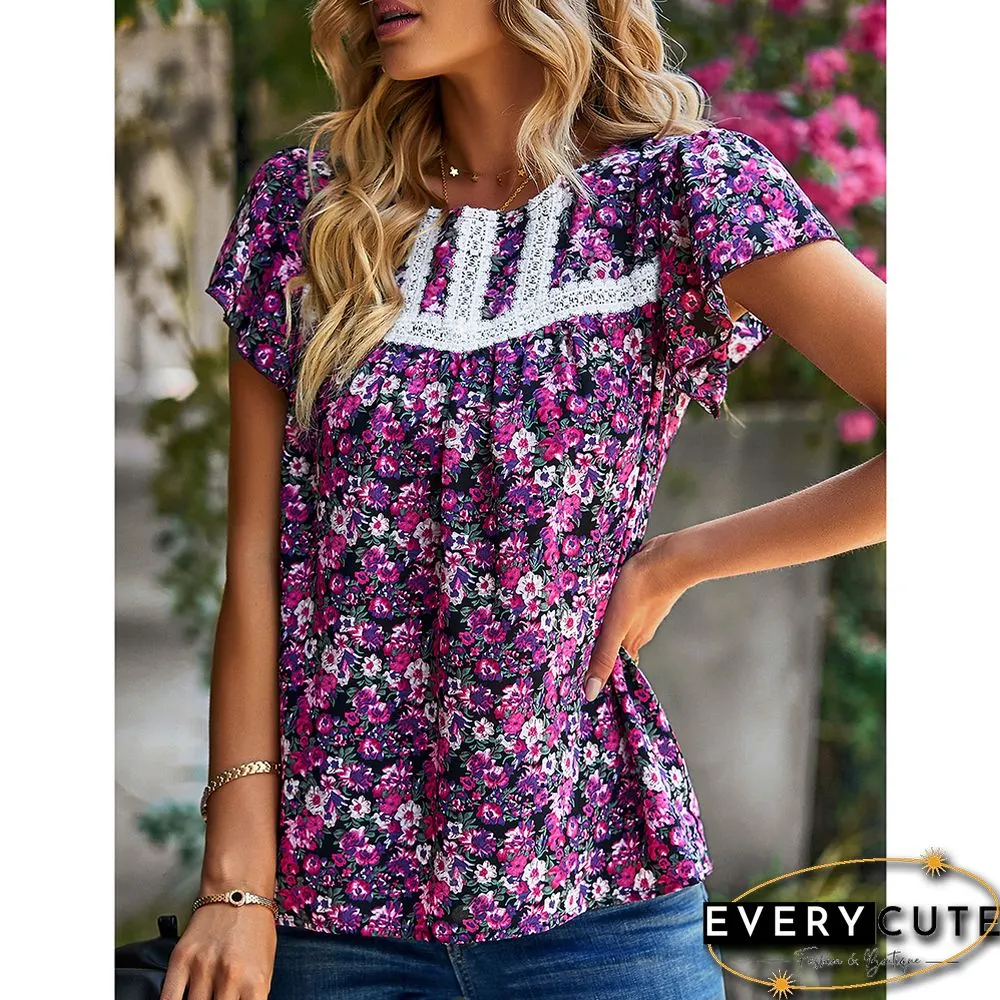 Purple Floral Print Ruffled Short Sleeve Blouse
