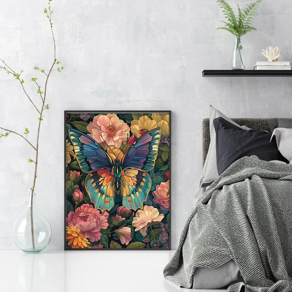 9CT Full Stamped Cross Stitch Bead Embroidery- Flower Butterfly(Canvas|30*40CM)
