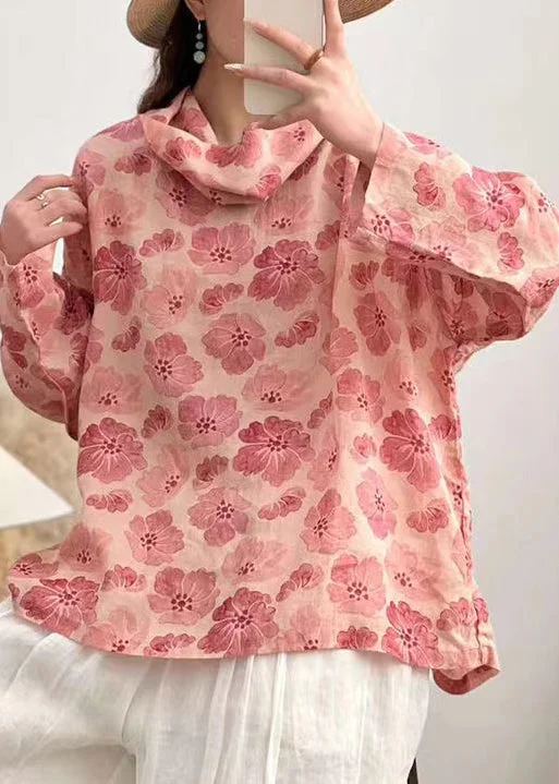 Elegant Pink Turtleneck Print Linen Shirt Long Sleeve