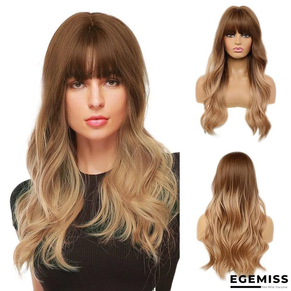 Fashion Ladies Chemical Fiber Wig Highlights Golden Brown Air Bangs Long Hair | EGEMISS