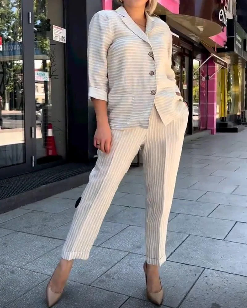 Striped Print Blazer Two Piece Outfits