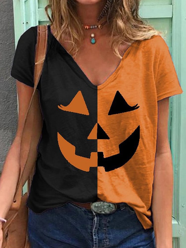 pumpkin print V-neck short sleeve loose T-shirt