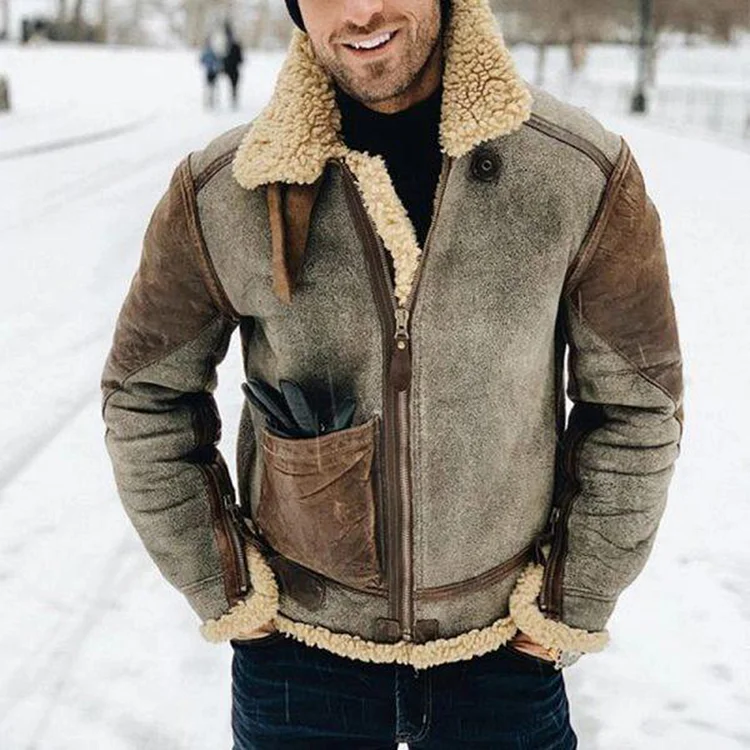 Men's Winter Jacket Sherpa Outdoor Daily Wear Warm Zipper Pocket Fall Winter Plain Streetwear Lapel Jackets