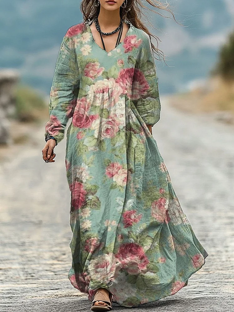 Women's  Retro Flower Print Pocket Cotton Dress
