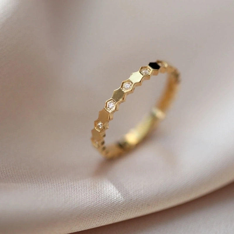 Minimalist Hexagon Titanium Steel Plating Inlay Zircon 18k Gold Plated Rings
