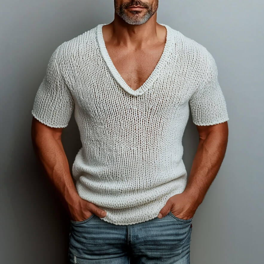 Men's Hollow Out Knit V Neck Short Sleeve T-Shirt