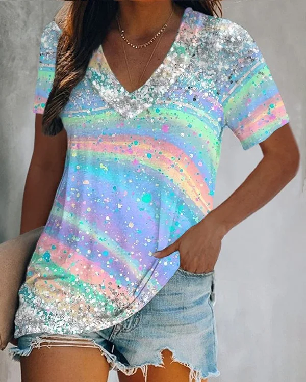 🔥kukelife🔥Rainbow Sequin Print V-Neck Short Sleeve Tee